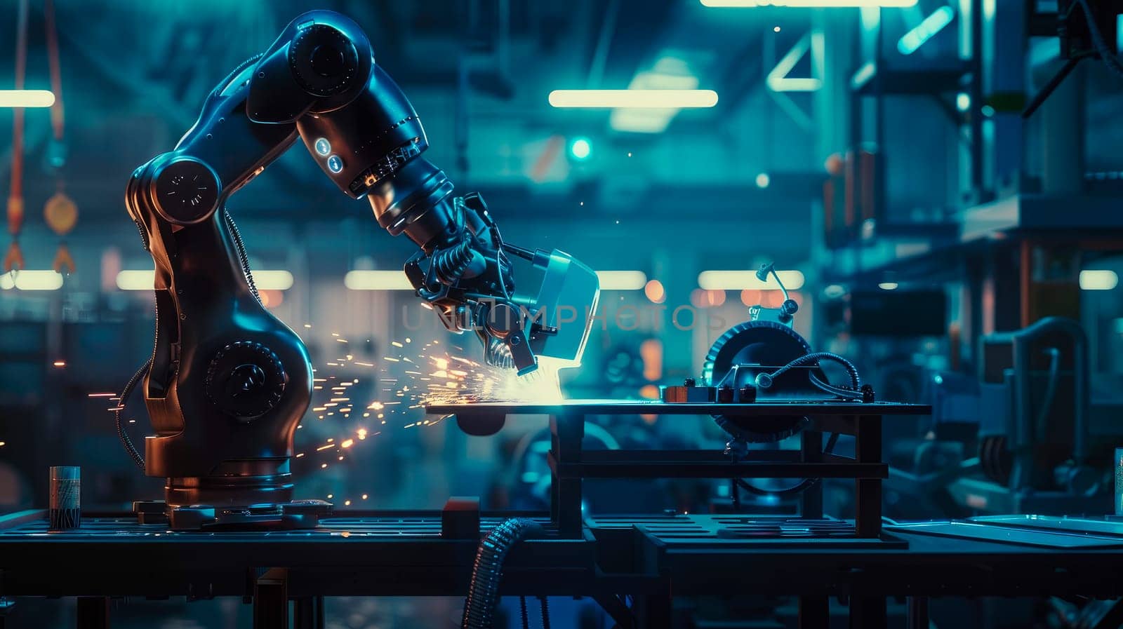 Industrial robot are welding in a modern factory. Industrial technology concept. Factory automation. AI generated