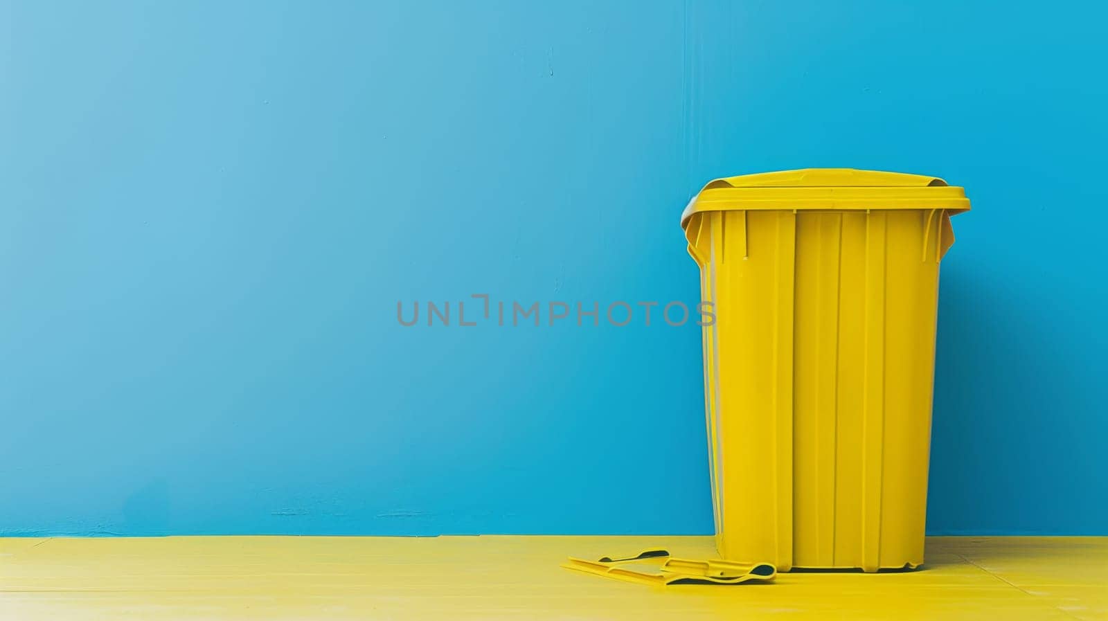 A yellow trash can sits upright in front of a bright blue wall. The contrast between the can and the wall creates a striking visual element in the urban scene.