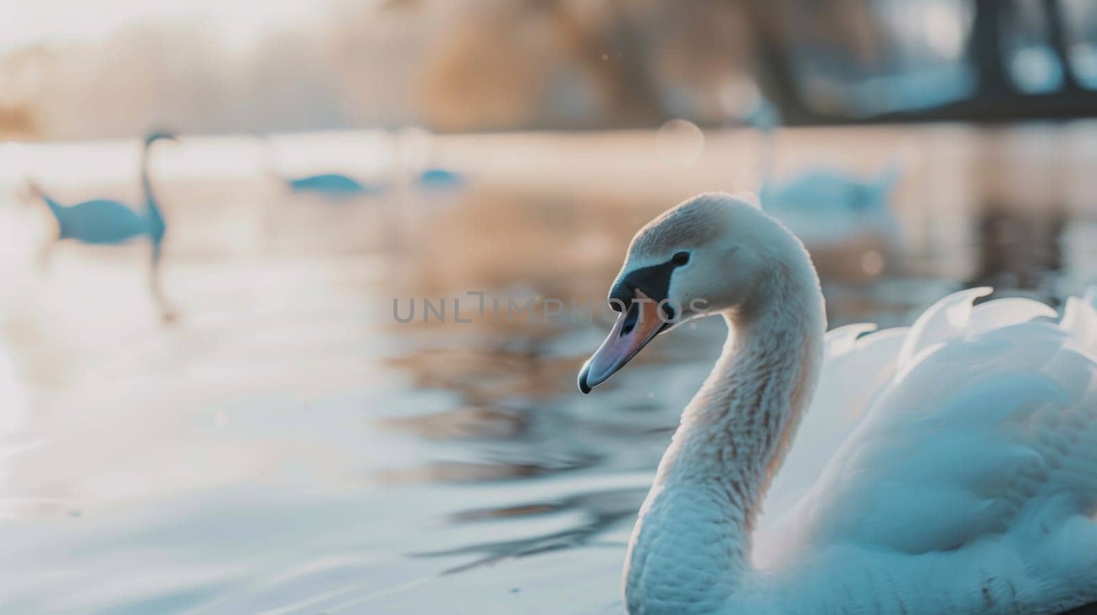 A white swan gracefully glides on the surface of a calm body of water, its reflection mirrored below. The elegant bird seems to effortlessly navigate the serene environment.