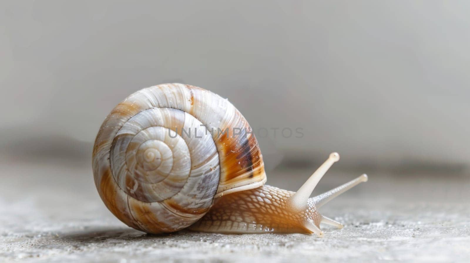 A detailed view of a snail moving slowly across the ground, leaving a trail of slime behind. The snails shell is prominently displayed as it navigates its environment.