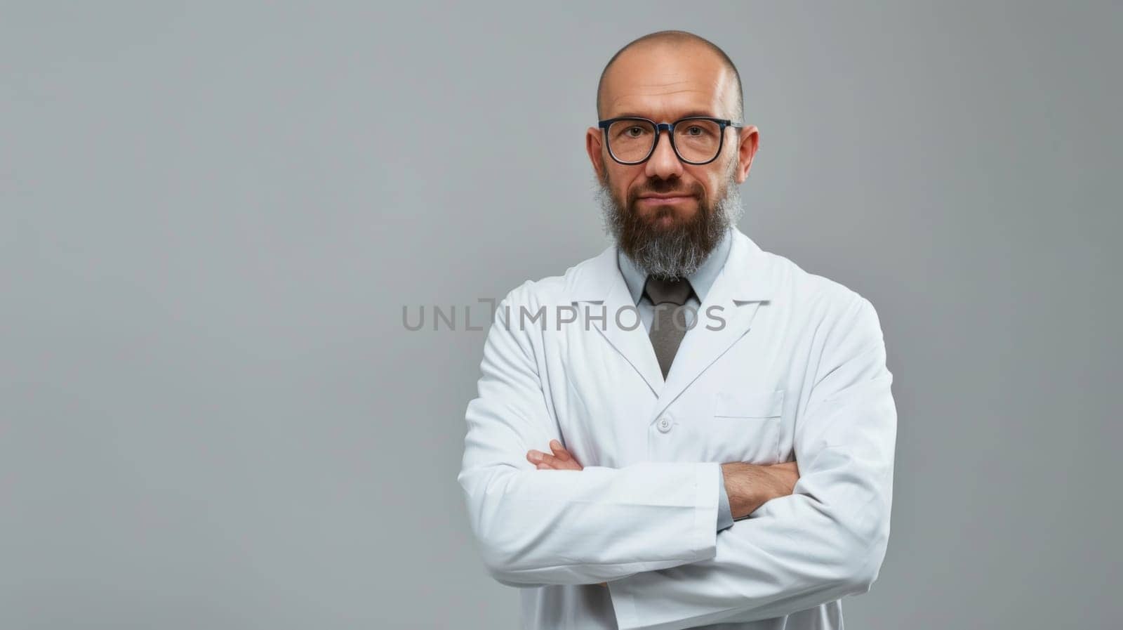 A man with a beard is wearing a white lab coat, indicating his profession in the field of science. He appears to be conducting research or experiments in a laboratory setting. The lab coat suggests he is likely a scientist or researcher working on various scientific projects.
