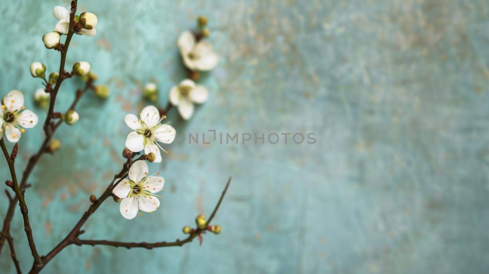 A branch with delicate white flowers is set against a vivid blue background. The flowers are in full bloom, contrasting beautifully with the deep blue hue behind them.