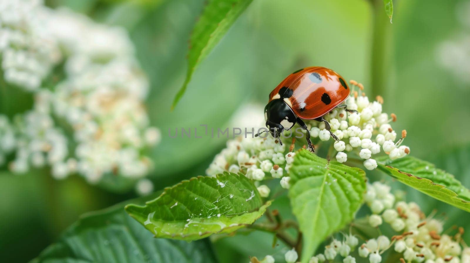 A red and black ladybug is perched on top of a delicate white flower, its wings slightly opened. The insect seems to be exploring the petals of the flower, blending in beautifully with its surroundings.