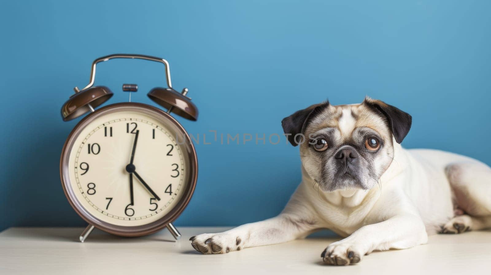 A pug dog is laying down next to an alarm clock. The pugs relaxed posture contrasts with the urgency conveyed by the setting alarm clock. The scene captures a moment of juxtaposition between leisure and necessity.