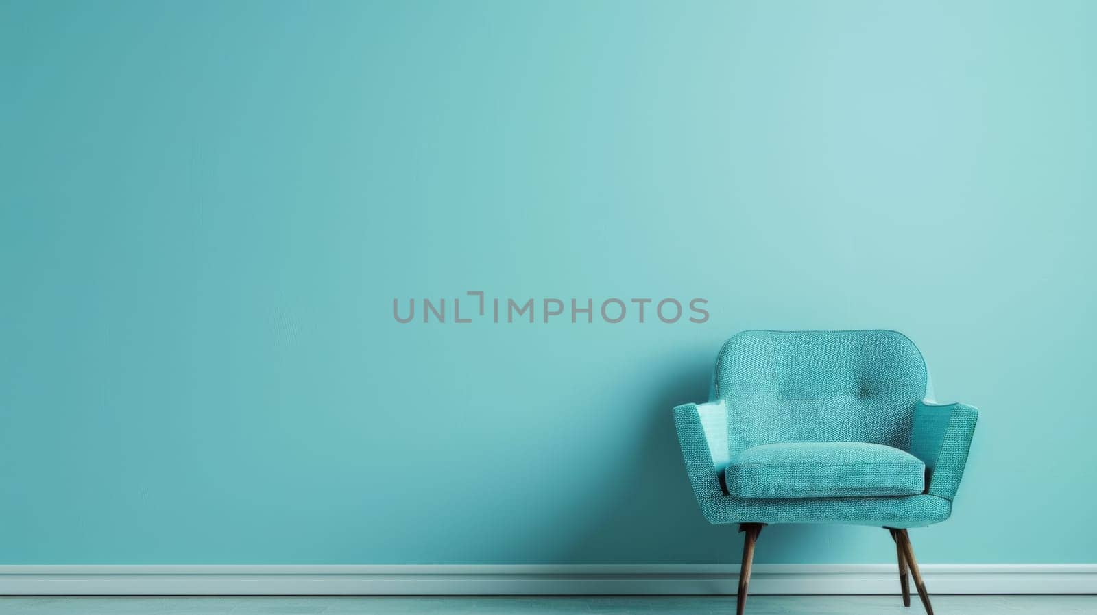 A blue chair is positioned in front of a blue wall, creating a cohesive color scheme. The chair is stationary and empty, while the wall serves as a simple background.