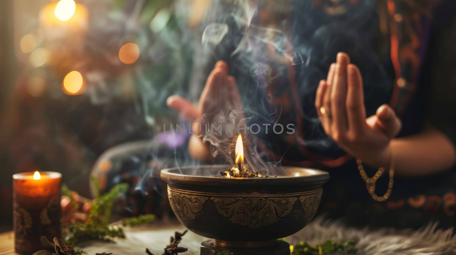 A person is seated in front of a bowl emitting smoke, appearing to observe or interact with the swirling vapors. The bowl is filled with billowing clouds of smoke, adding a mysterious and intriguing element to the scene.