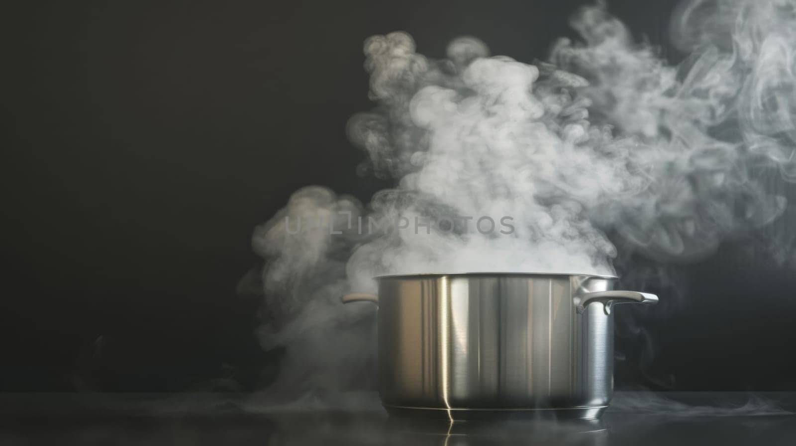 A large pot with steam billowing out of it, indicating that its contents are being cooked or heated. The steam rises high into the air, adding to the ambiance of a bustling kitchen environment.