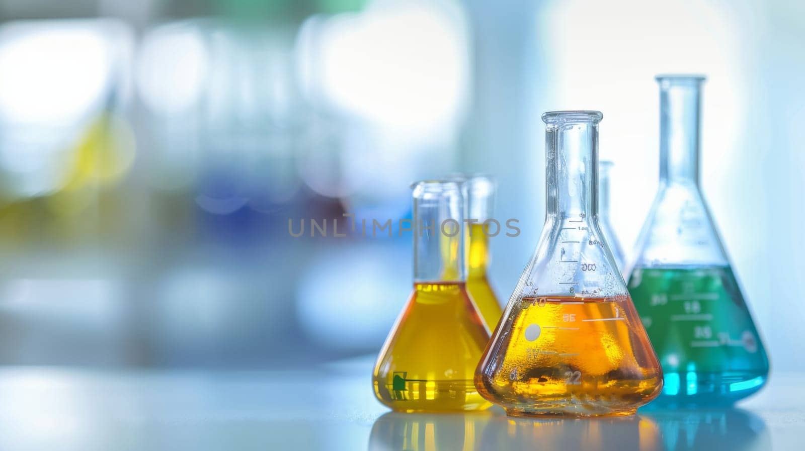 A table is covered with an array of differently colored flasks, each containing various liquids. The scene presents a striking display of hues and textures, creating a visually captivating arrangement.