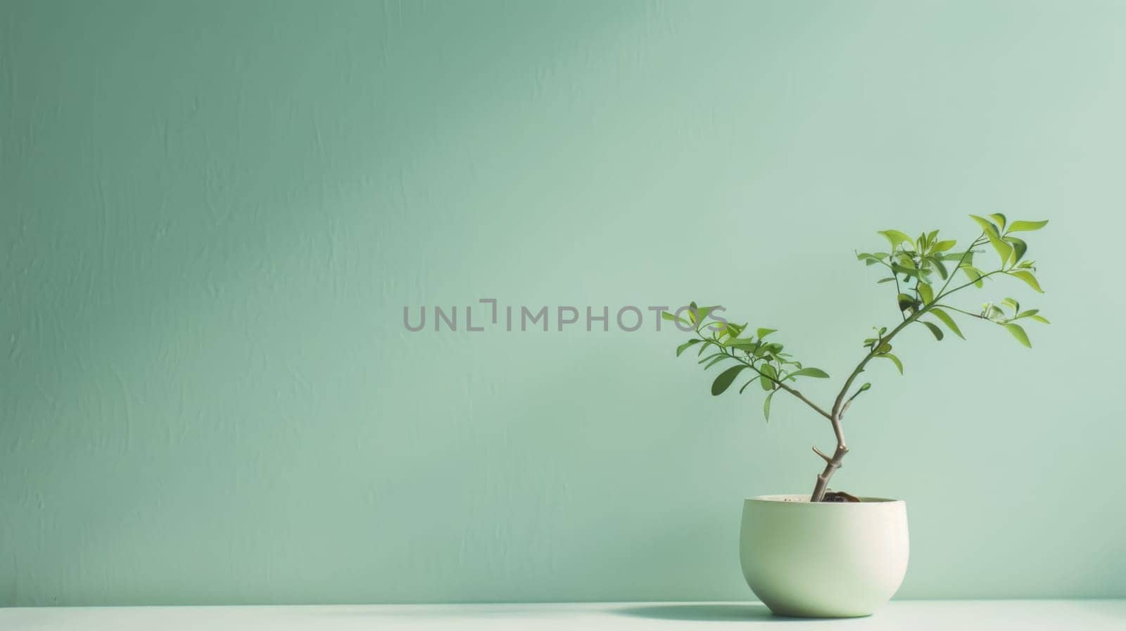 A small green plant is placed inside a clean white vase, which sits on a wooden table. The plants leaves are vibrant and healthy, adding a touch of nature to the indoor space.