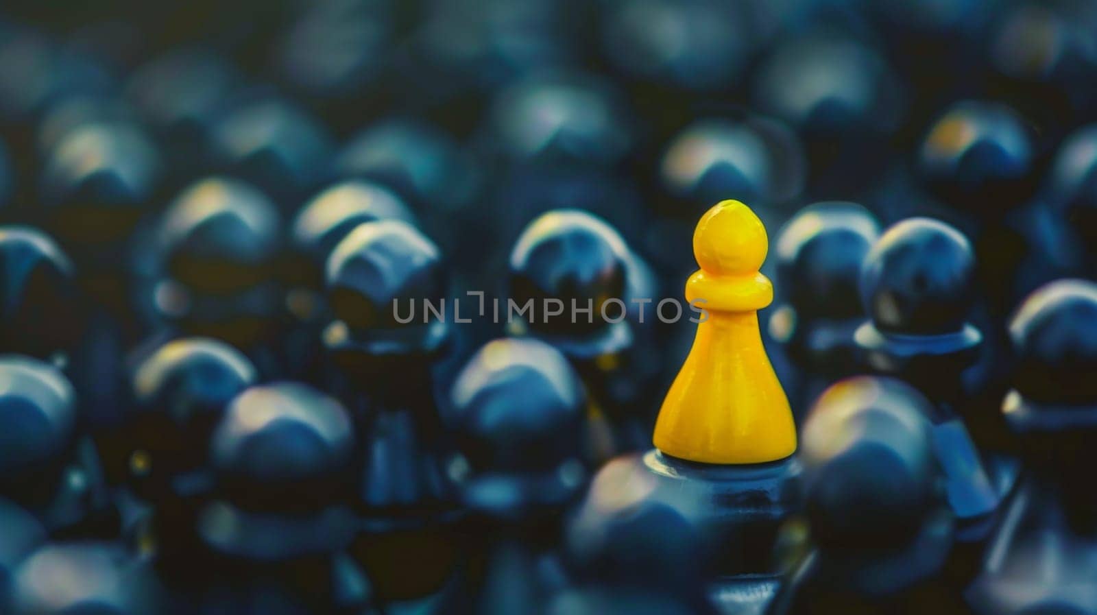 A single yellow pawn stands prominently among a group of black pawns on a chessboard. The yellow pawn appears to be the focal point of the composition, drawing attention to its unique color amidst the uniform black pieces.