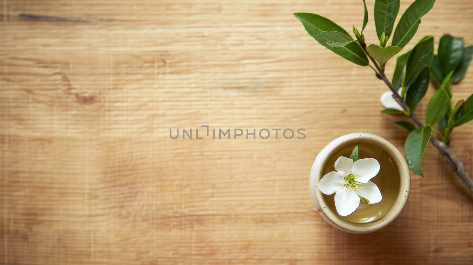 A ceramic cup filled with tea, containing a delicate flower floating in it. The cup is placed on a wooden table, with a soft light illuminating the scene.
