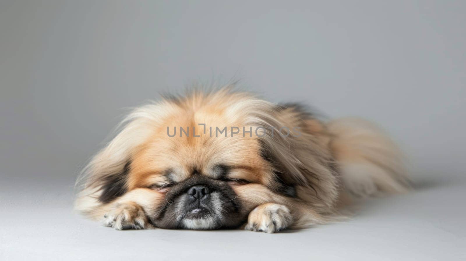 A small brown dog is laying peacefully on top of a white floor, looking relaxed and comfortable in its surroundings. The dogs fur blends well with the floor, creating a harmonious and simple scene.