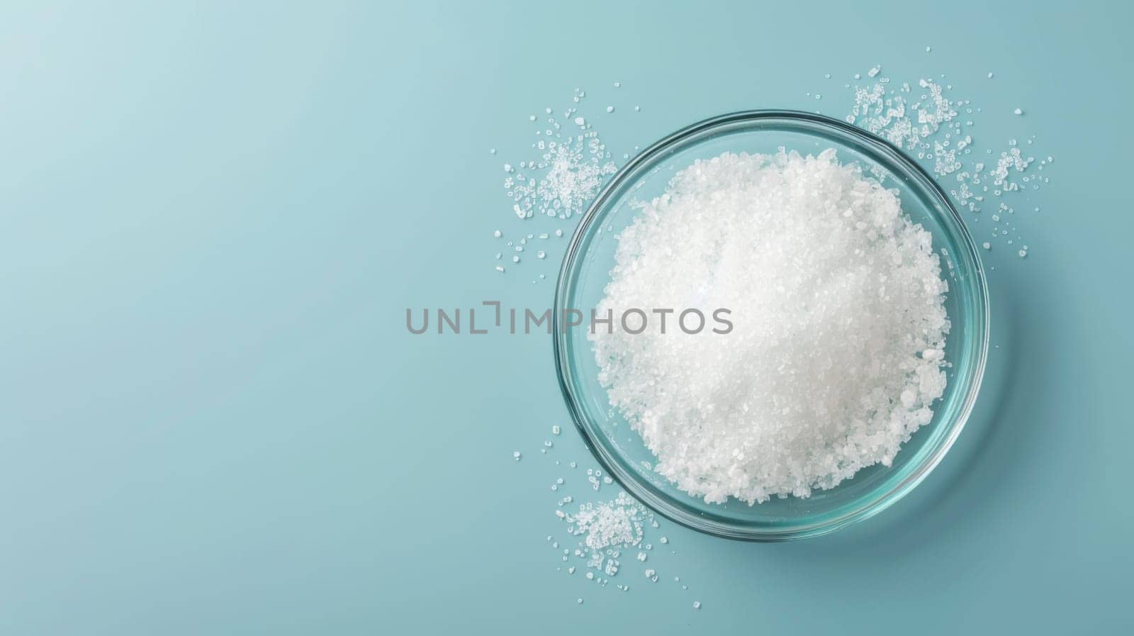A glass bowl filled to the brim with white granulated sugar, reflecting light and creating a sparkling effect. The sugar is neatly packed, forming a smooth surface.