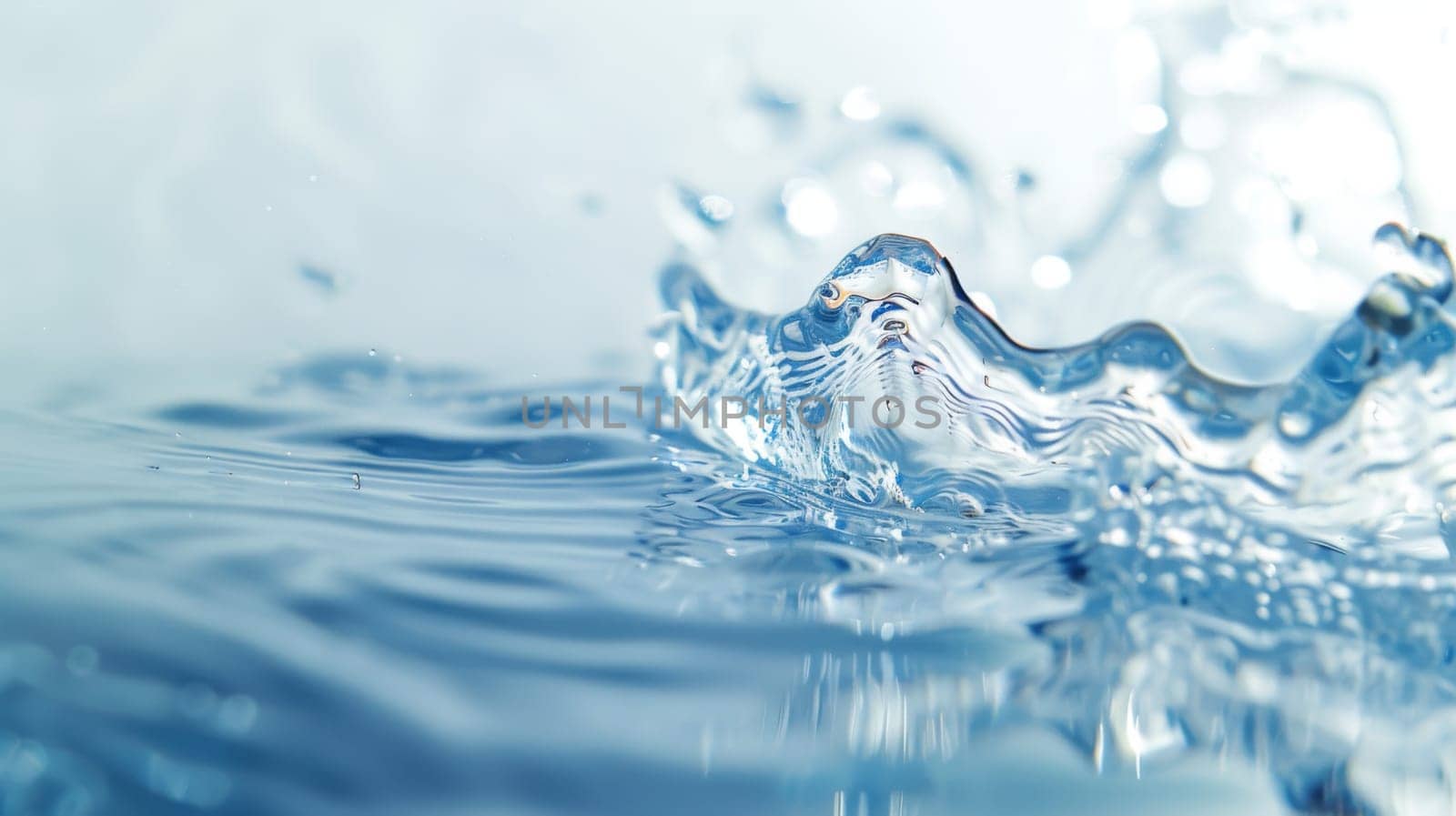 A detailed view of a singular water droplet resting on the surface of a large body of water, creating a small ripple around it. The droplet reflects the surrounding environment in a clear and distinct manner.