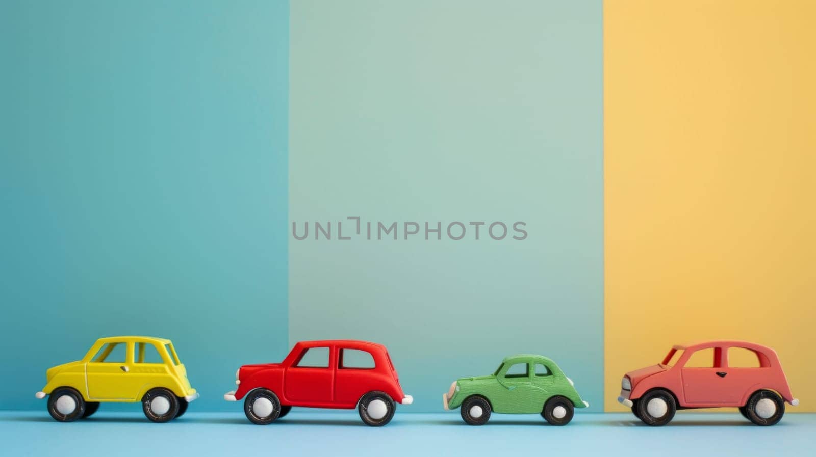 Three small toy cars are neatly arranged in a straight line. Each car is a different color and size, creating a symmetrical and organized display. The cars appear to be parked or waiting in line, ready for play.