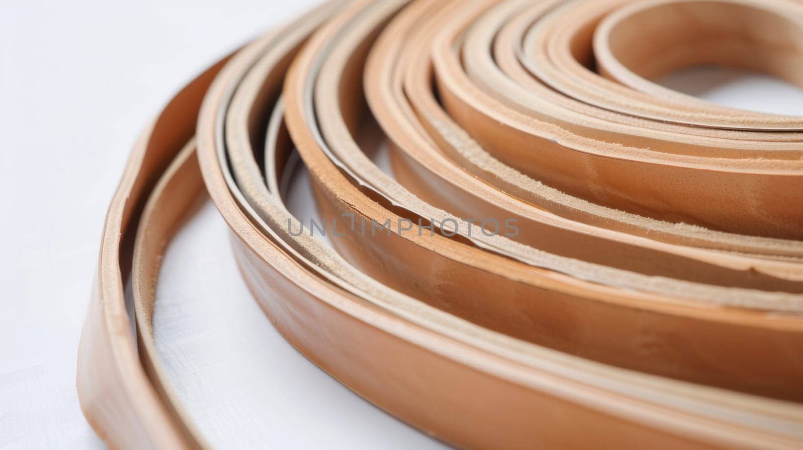 This close-up shot showcases a roll of rich brown leather, highlighting its intricate texture and deep color. The leather roll is tightly wound, with visible grains and creases adding to its rugged appeal.