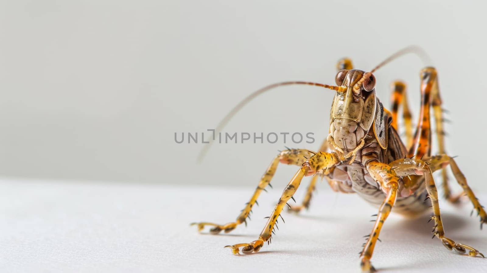 A macro shot capturing a bug crawling on a plain white surface, showcasing intricate details of its body and features. The bug is seen moving slowly across the surface, with visible legs and antennae.