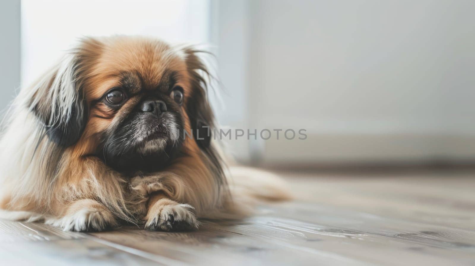 A small brown and white dog is lying comfortably on the floor, resting its head on its paws. The dog appears relaxed and content in its surroundings.