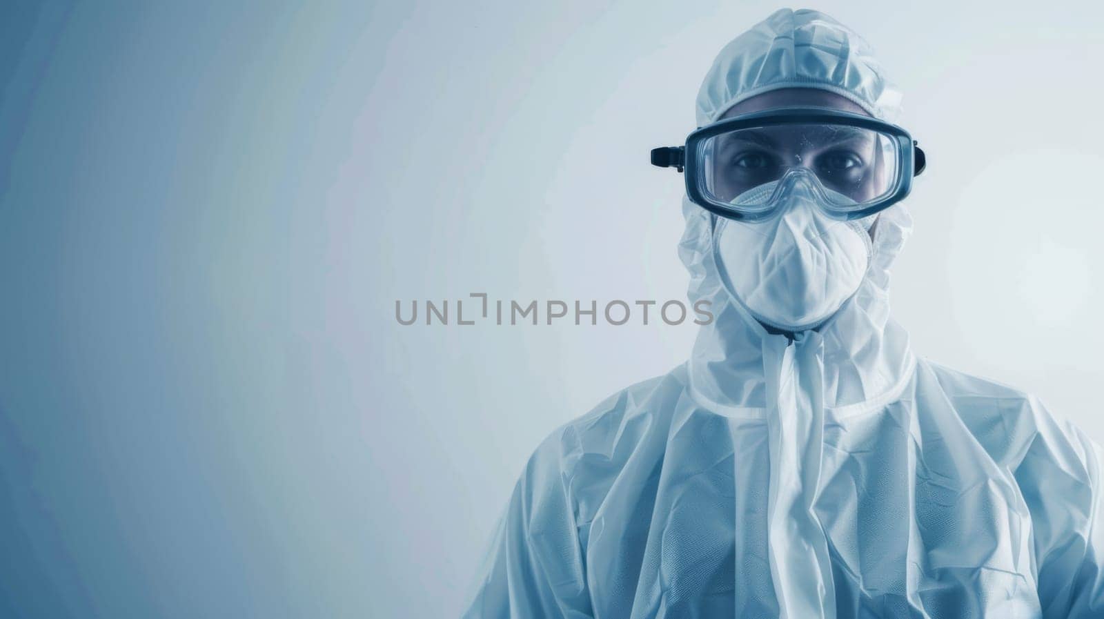 A man is shown wearing a protective suit and goggles, ready for hazardous work or a biohazard situation. The suit covers his entire body, and the goggles provide eye protection.