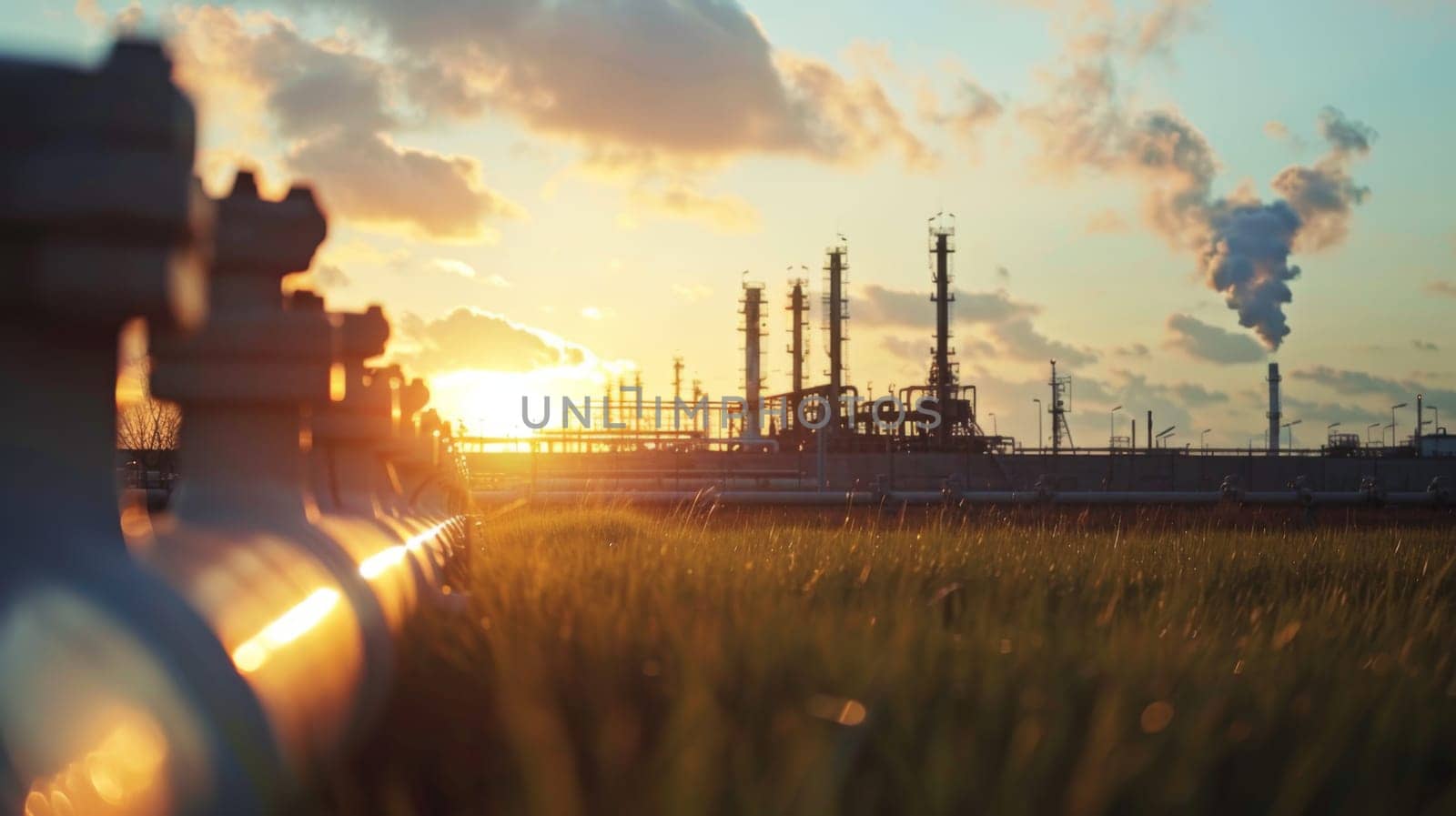 The sun sets slowly in the background, casting a warm glow over the industrial landscape of an oil refinery. Silhouettes of chimneys, pipelines, and storage tanks are visible against the fading light.