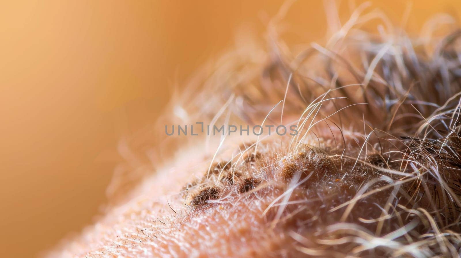 A close-up view of a persons head with a significant amount of hair covering it. The hair is thick and appears to be well cared for, with strands of varying lengths and colors visible.