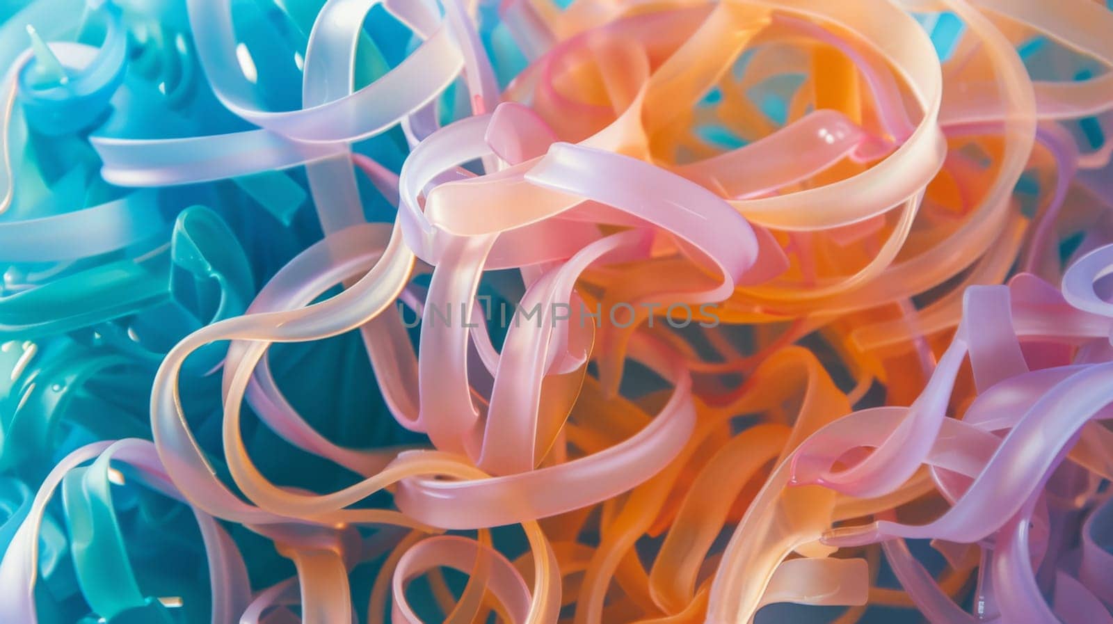A close-up view of a cluster of various colored streamers hanging in the air. Each streamer is vibrant and distinct in color, creating a dynamic and festive display.