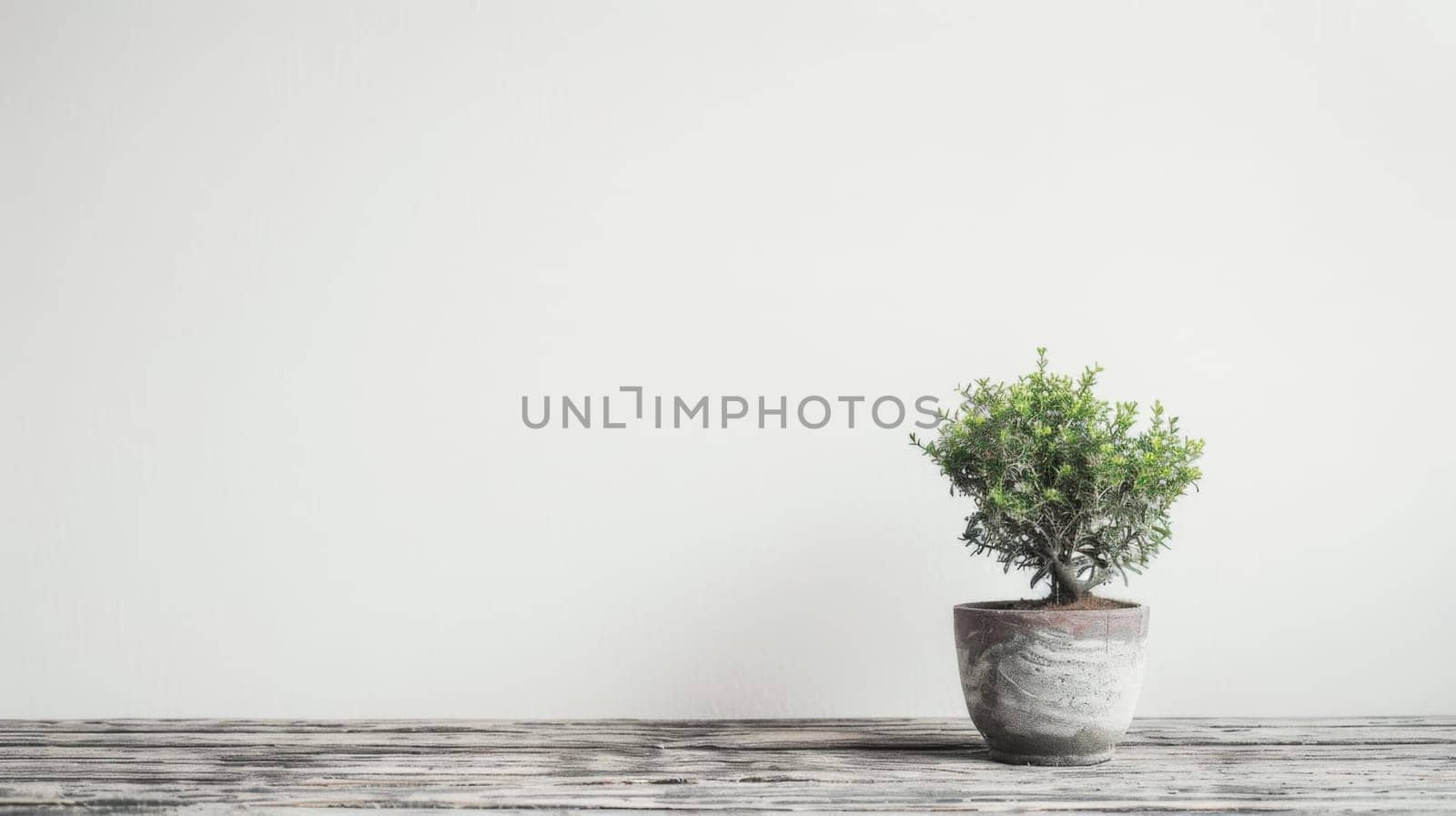 A potted plant is placed on top of a wooden table, creating a simple and rustic decor. The plants green leaves contrast with the brown table, adding a touch of nature to the indoor space.