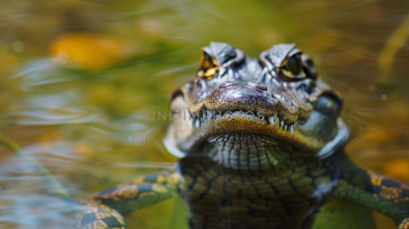 A small alligator is seen up close in the water. The alligators scales and eyes are visible as it swims or floats in the shallow water. The background shows ripples or reflections.