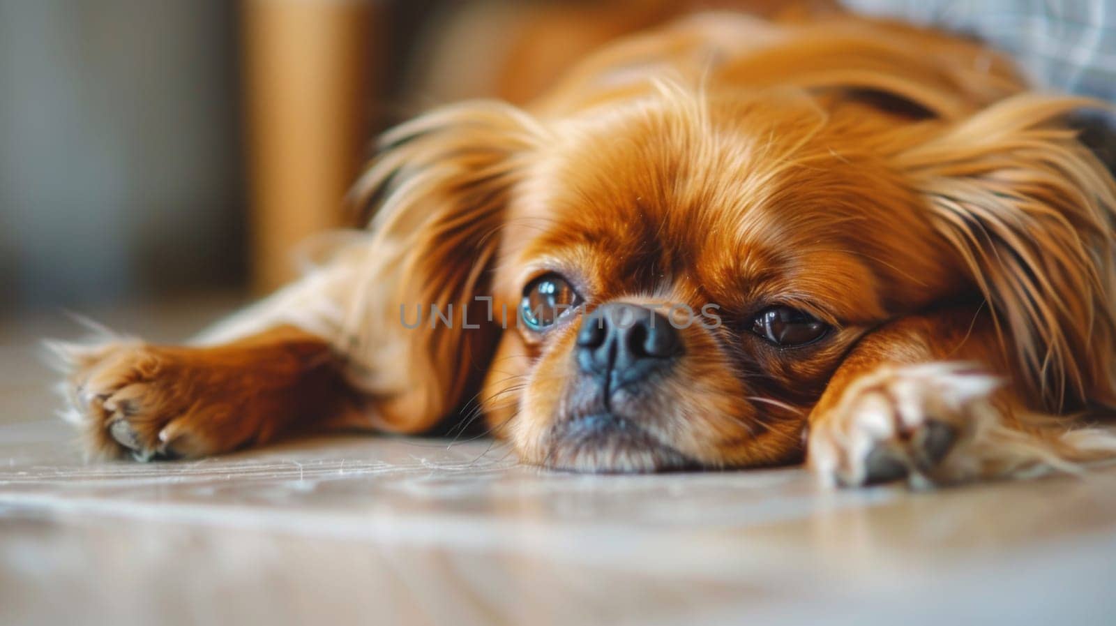 A small brown dog is lounging on the floor, looking relaxed and content. Its fur is a rich shade of brown, and it appears to be resting peacefully in a typical indoor setting.