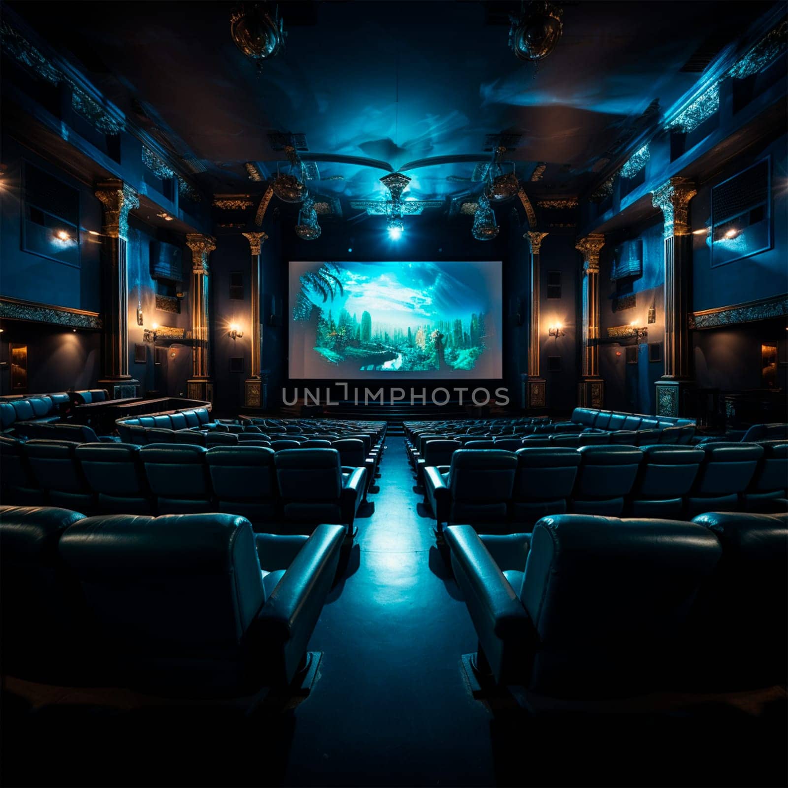 Large cinema, watching new films, blue hall, leisure for the whole family AI generated image