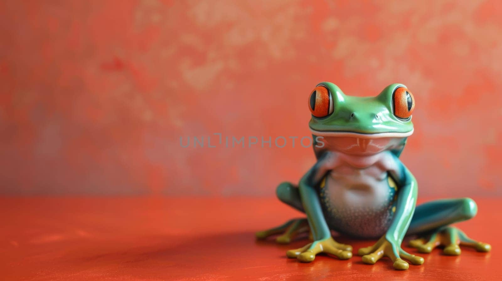 A green frog is perched on a red table, its vibrant color contrasting against the bright red surface. The frog appears calm as it sits neatly, observing its surroundings.