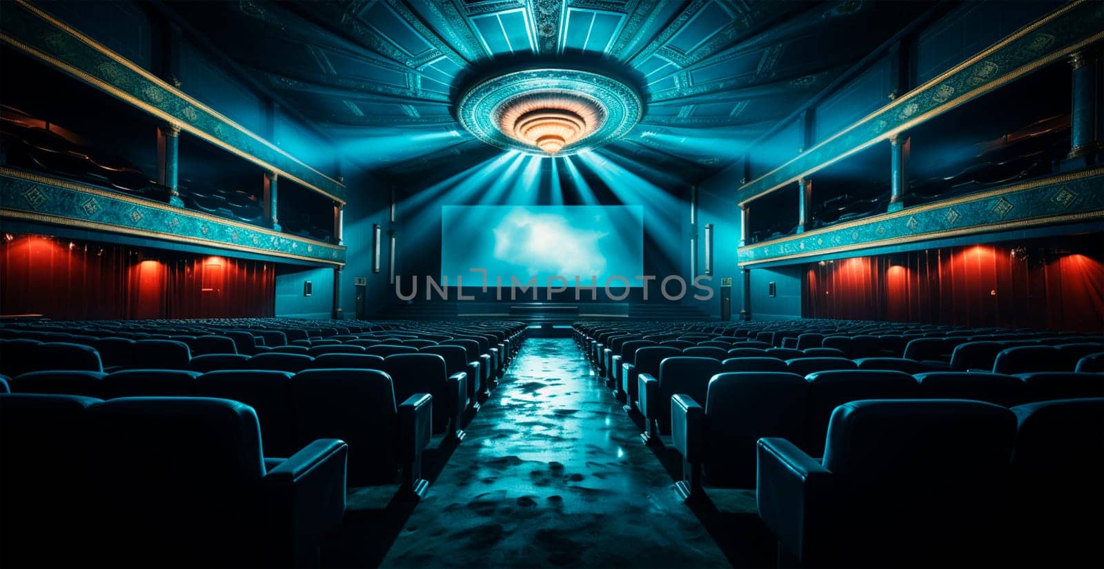 Large cinema, watching new films, blue hall, leisure for the whole family AI generated image