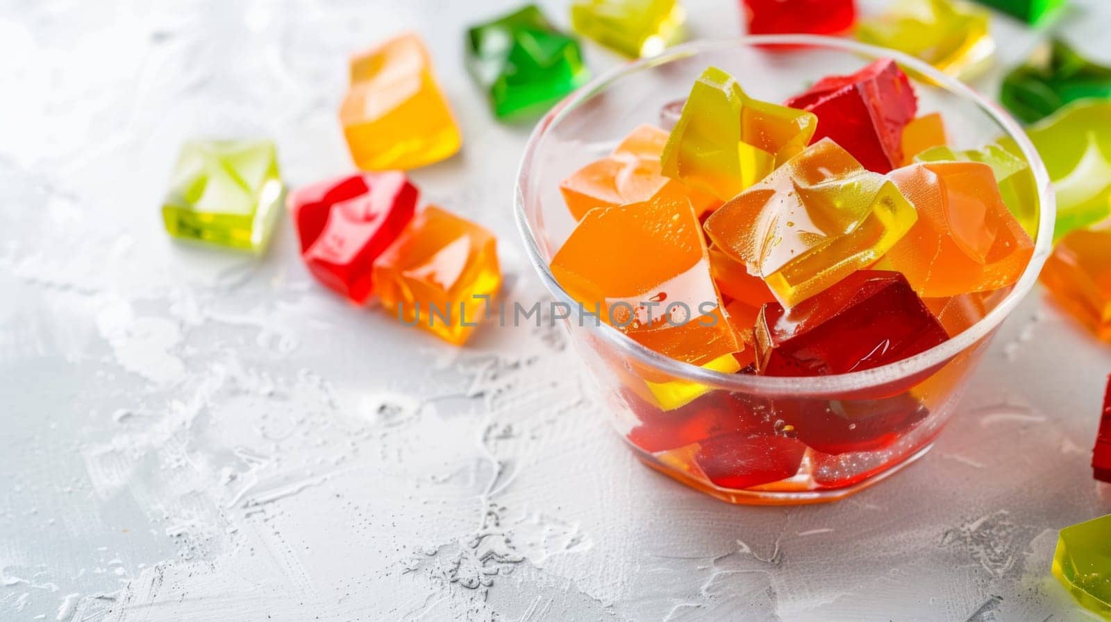 A glass filled with colorful gummy bears is placed on a wooden table. The gummy bears are neatly arranged in the glass, creating a vibrant and playful display.