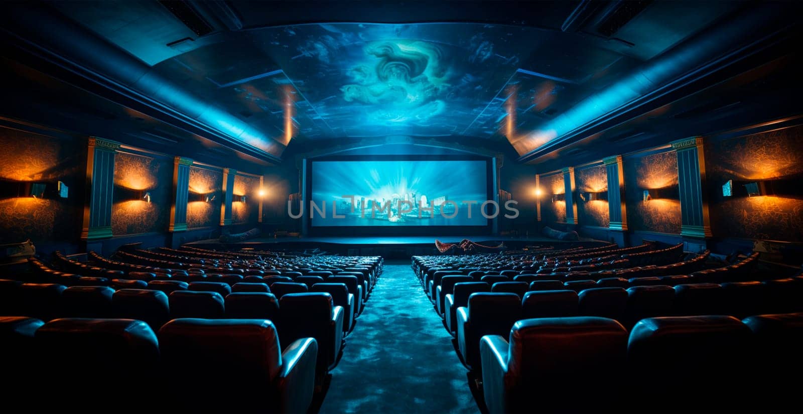 Large cinema, watching new films, blue hall, leisure for the whole family AI generated image