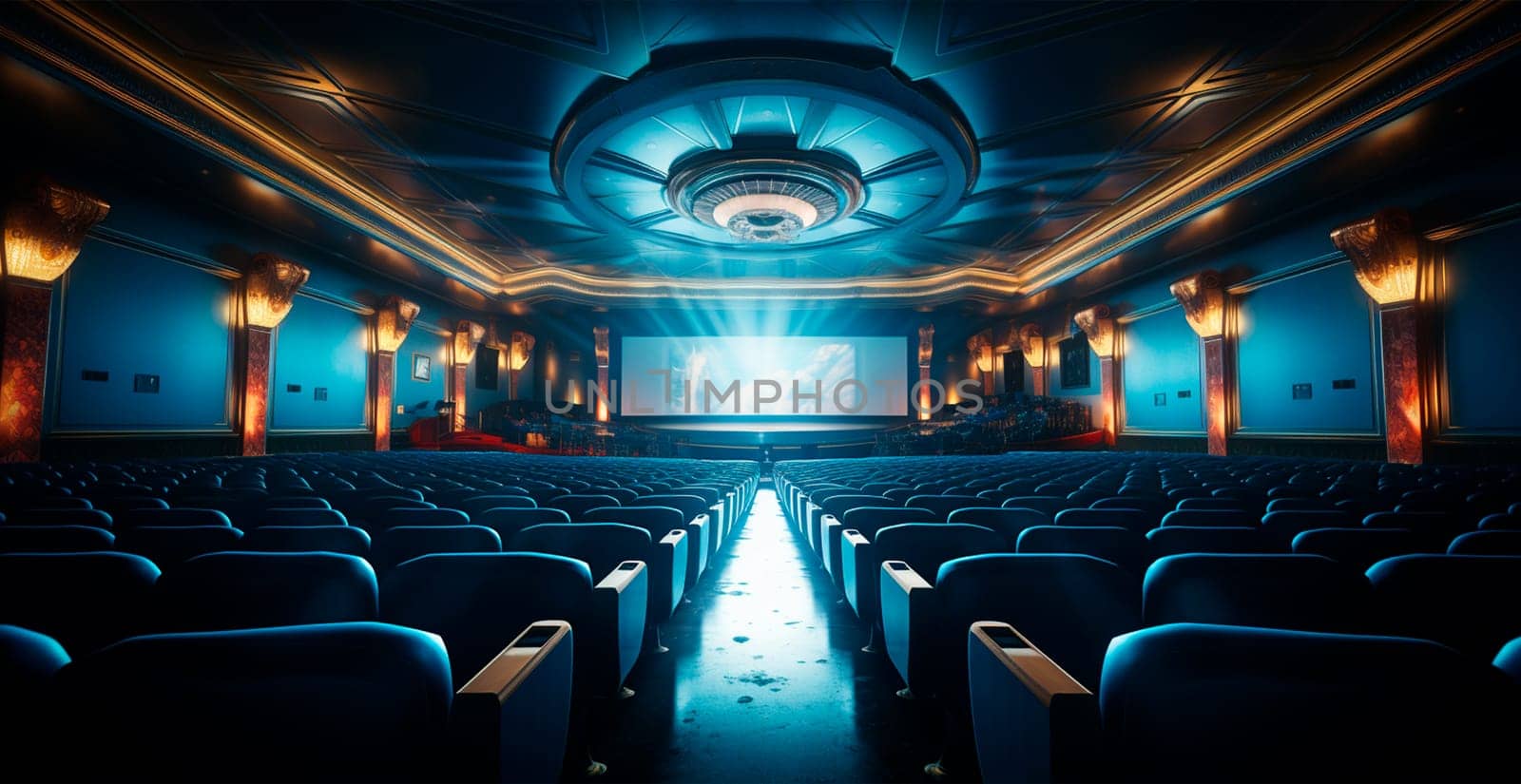 Large cinema, watching new films, blue hall, leisure for the whole family AI generated image