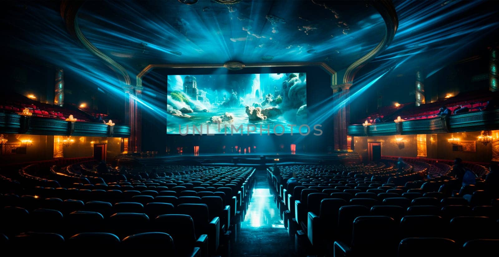 Large cinema, watching new films, blue hall, leisure for the whole family AI generated image