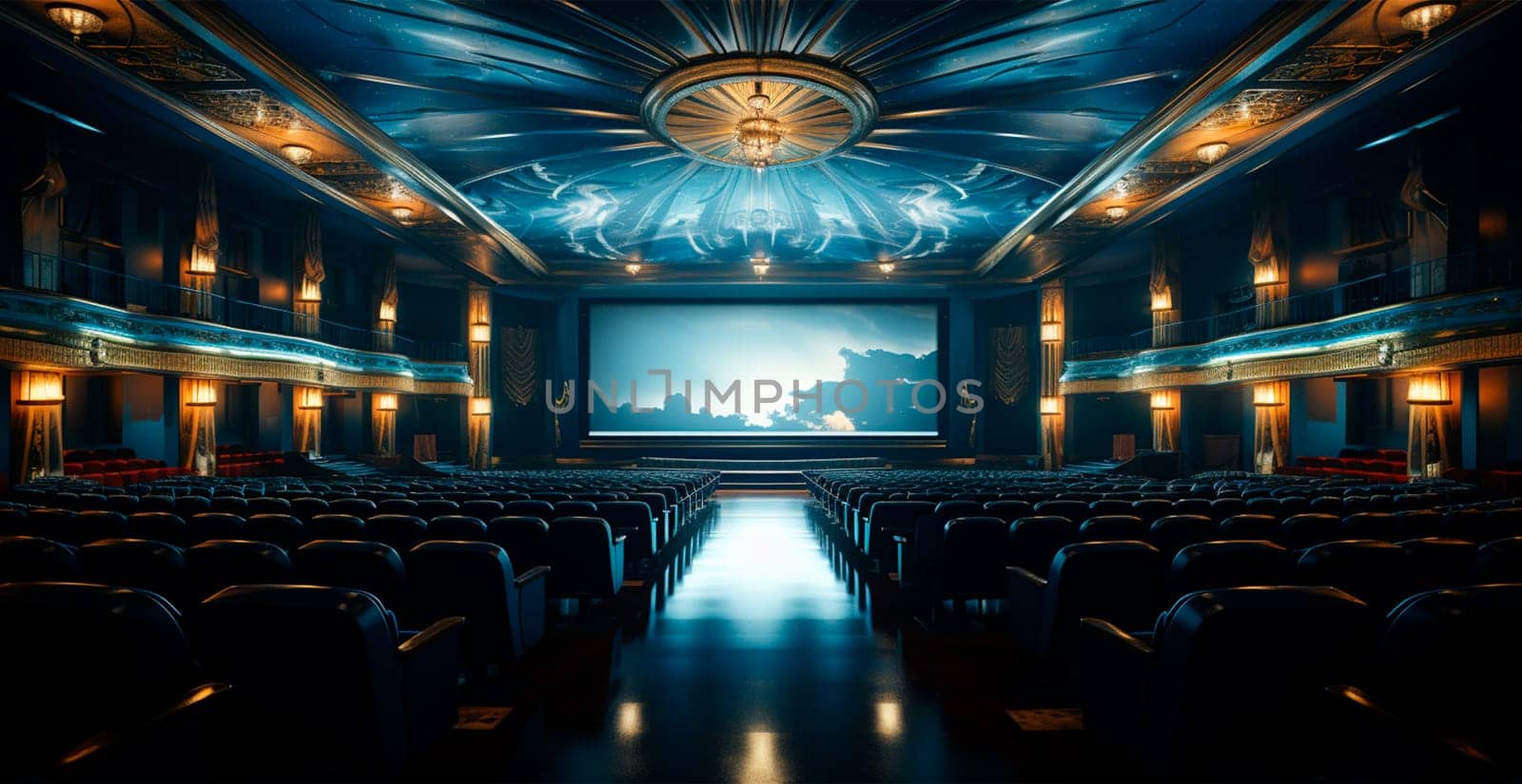Large cinema, watching new films, blue hall, leisure for the whole family AI generated image