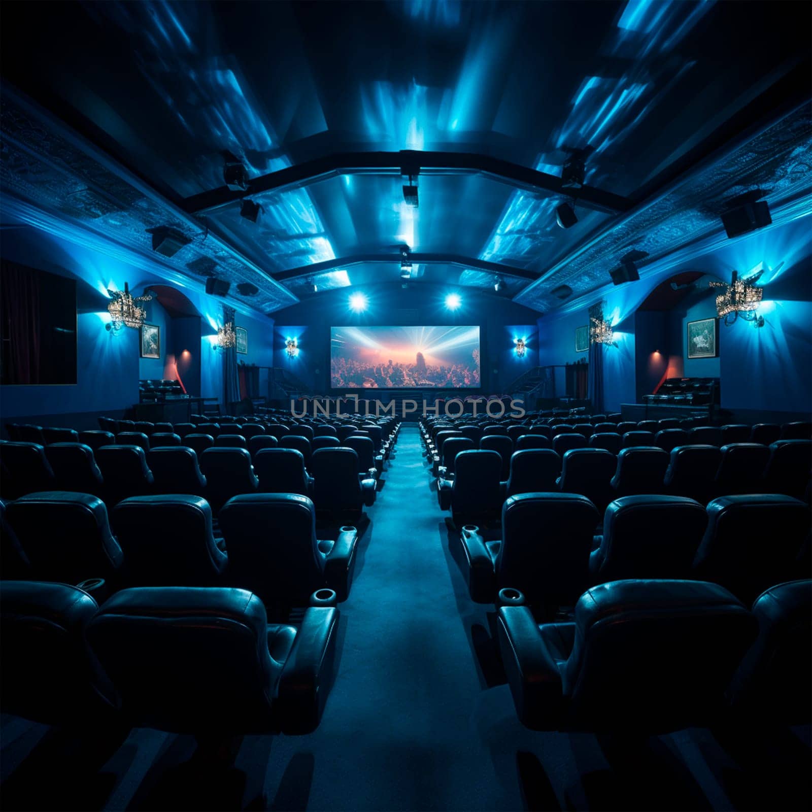 Large cinema, watching new films, blue hall, leisure for the whole family AI generated image