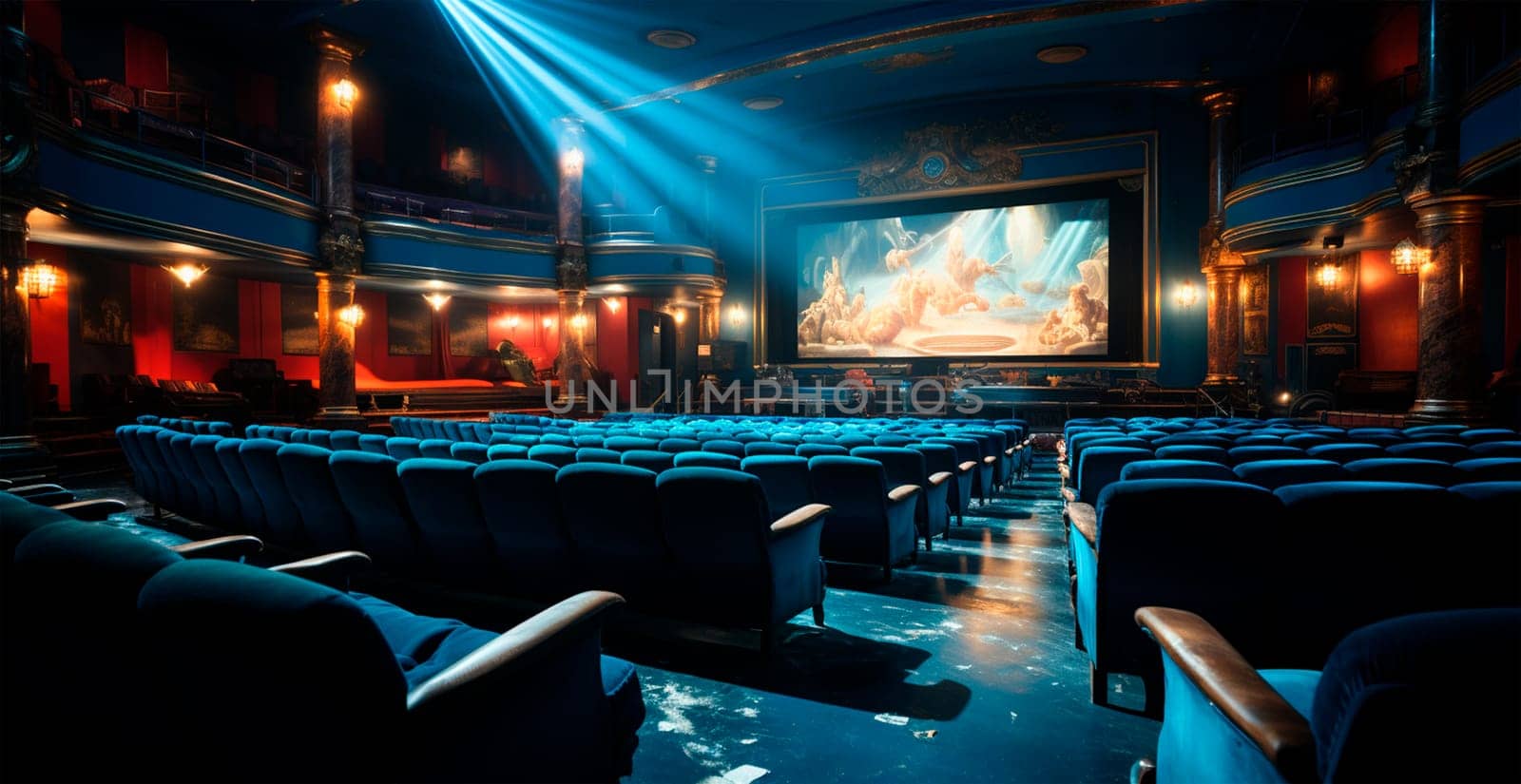 Large cinema, watching new films, blue hall, leisure for the whole family AI generated image