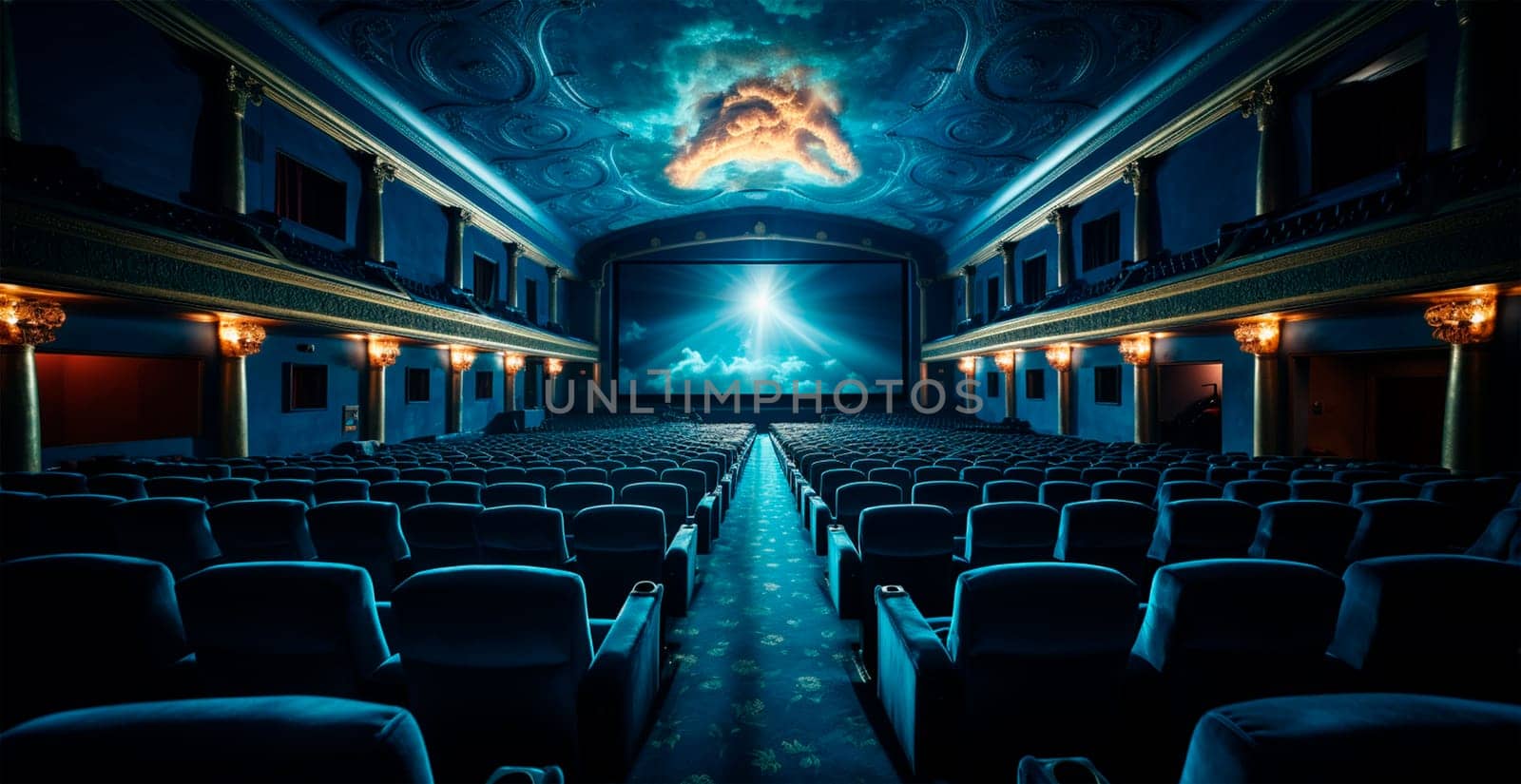 Large cinema, watching new films, blue hall, leisure for the whole family AI generated image