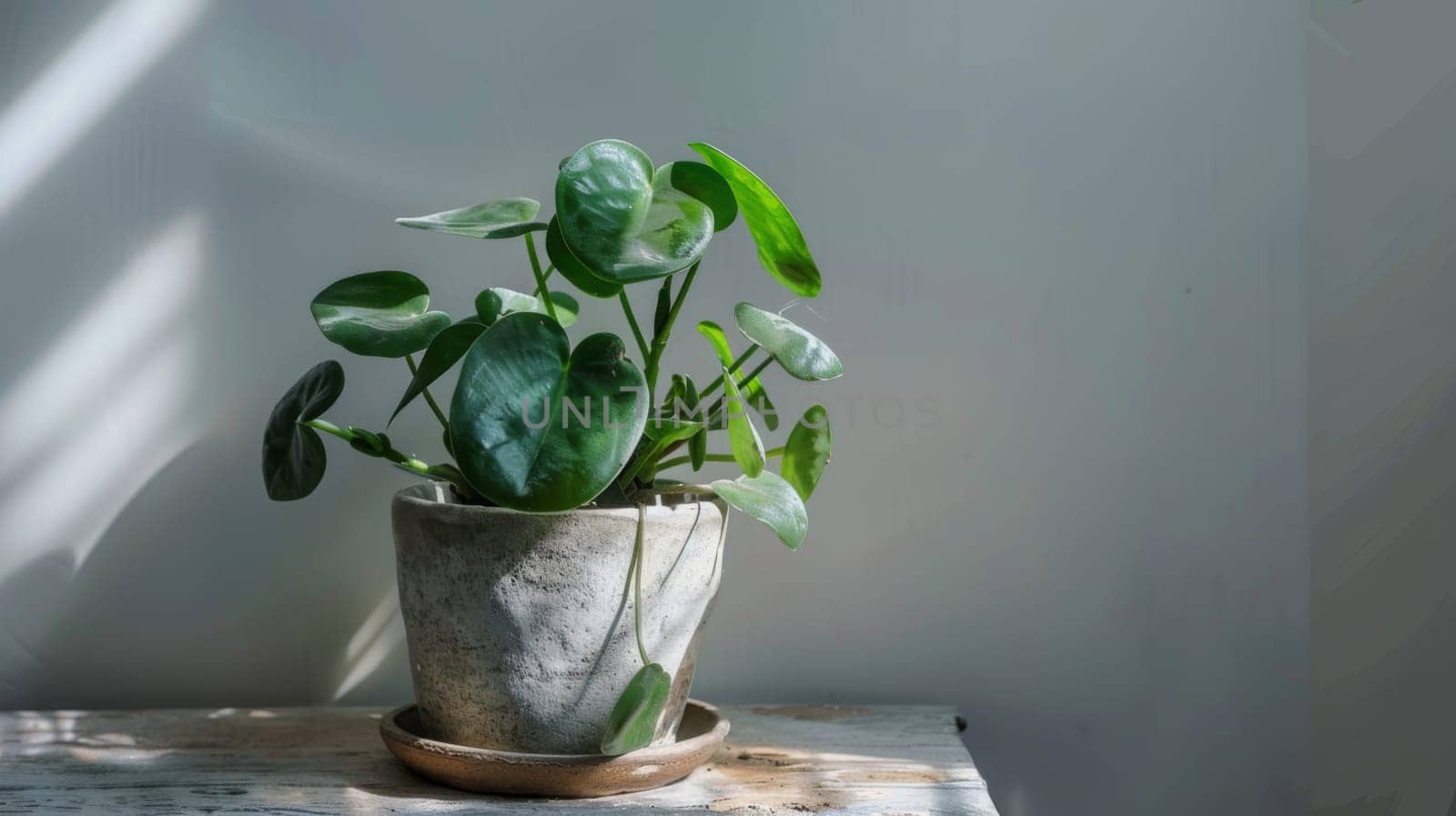 A small potted plant with lush green leaves is placed on top of a sturdy wooden table, creating a simple yet charming display of nature indoors.