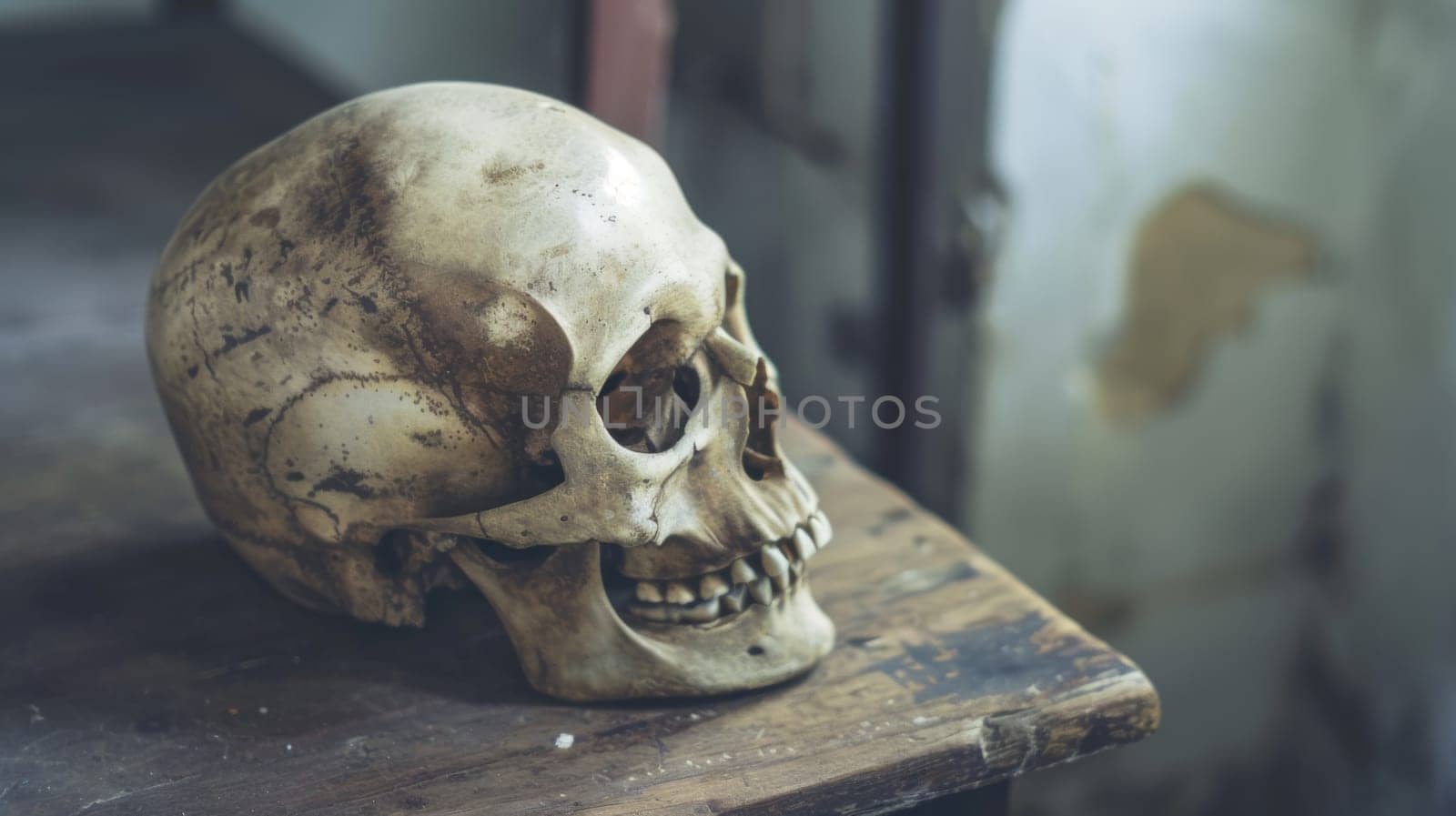 A human skull is placed atop a wooden table, creating a stark and eerie scene. The skulls hollow eye sockets and teeth are visible, contrasting against the rustic wood grain of the table.