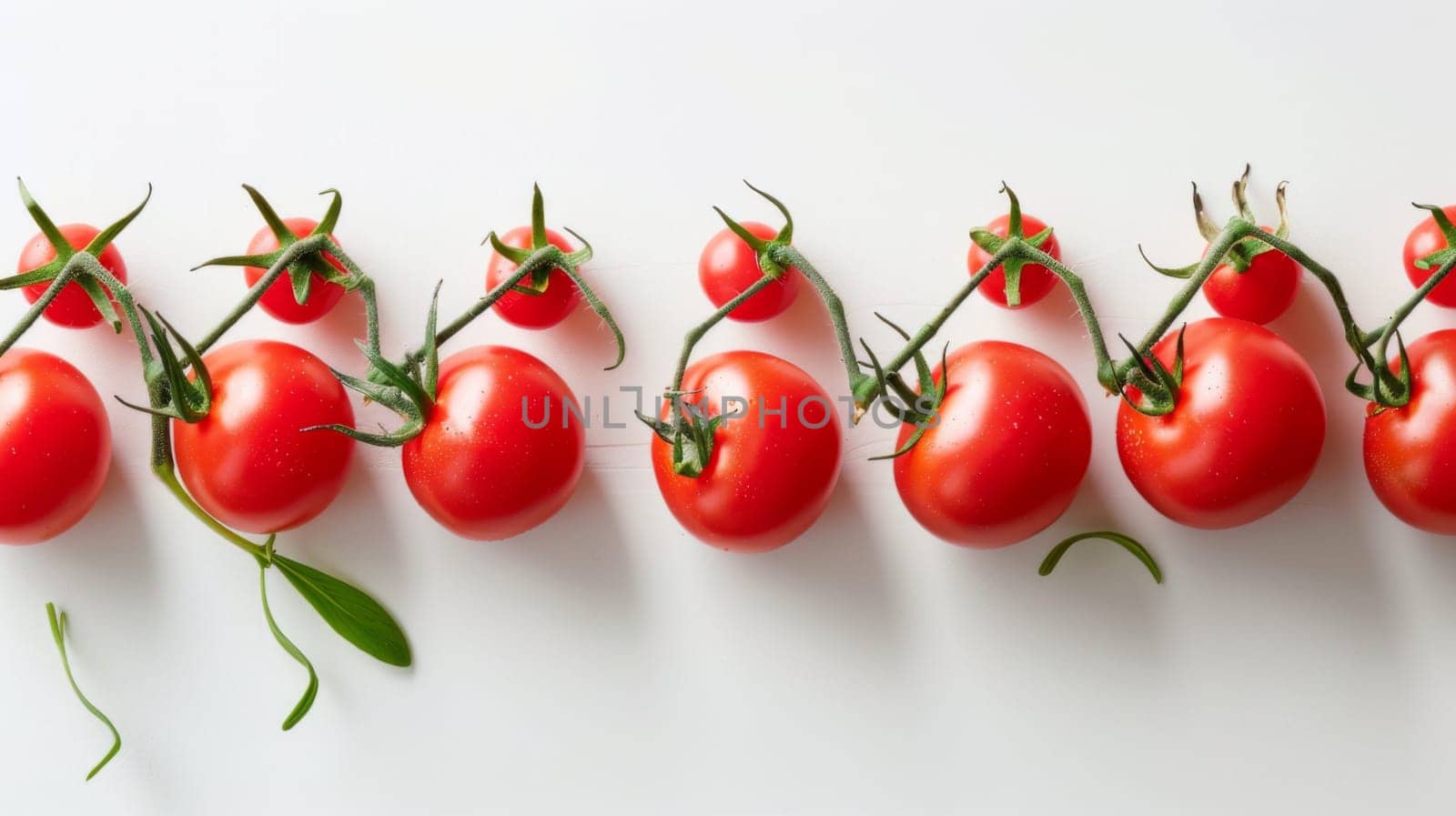 A straight row of ripe red tomatoes neatly arranged on a clean white background. Each tomato is vibrant and plump, showcasing its glossy skin and distinct shape. The uniformity of the rows creates a visually appealing pattern.