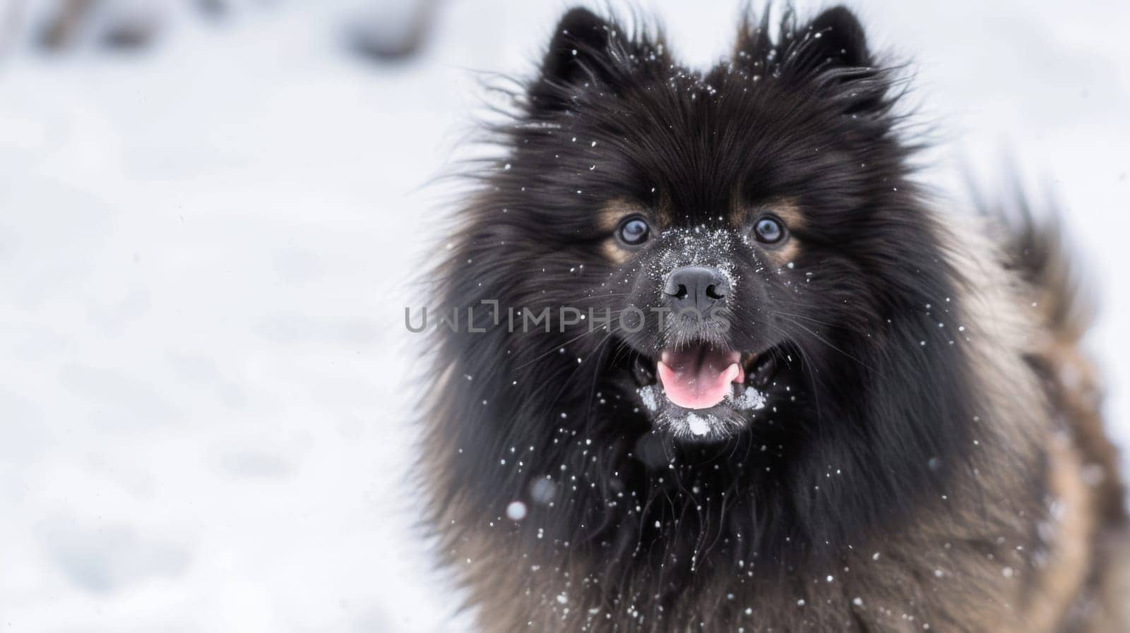 An image of a black and brown dog standing in a snowy landscape, looking around with curiosity and alertness. The dogs fur blends with the winter surroundings, highlighting the contrast between its dark coat and the white snow.