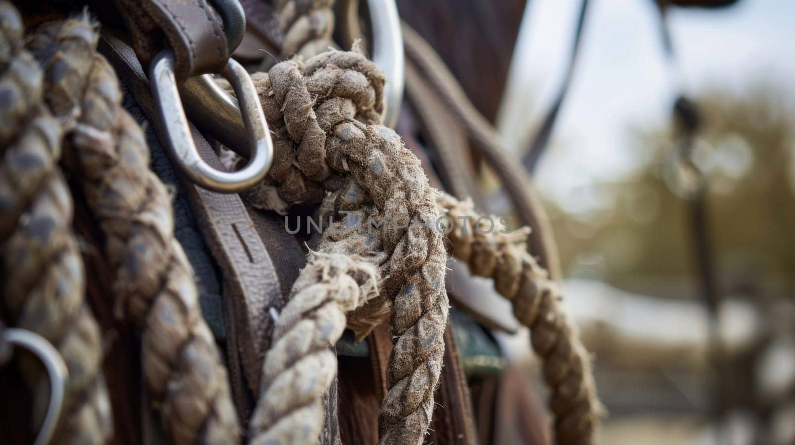 A close up view of a thick, braided rope securely tied around the neck of a chestnut-colored horse. The rope shows signs of wear from repeated use and is held taut against the animals neck by a sturdy knot.