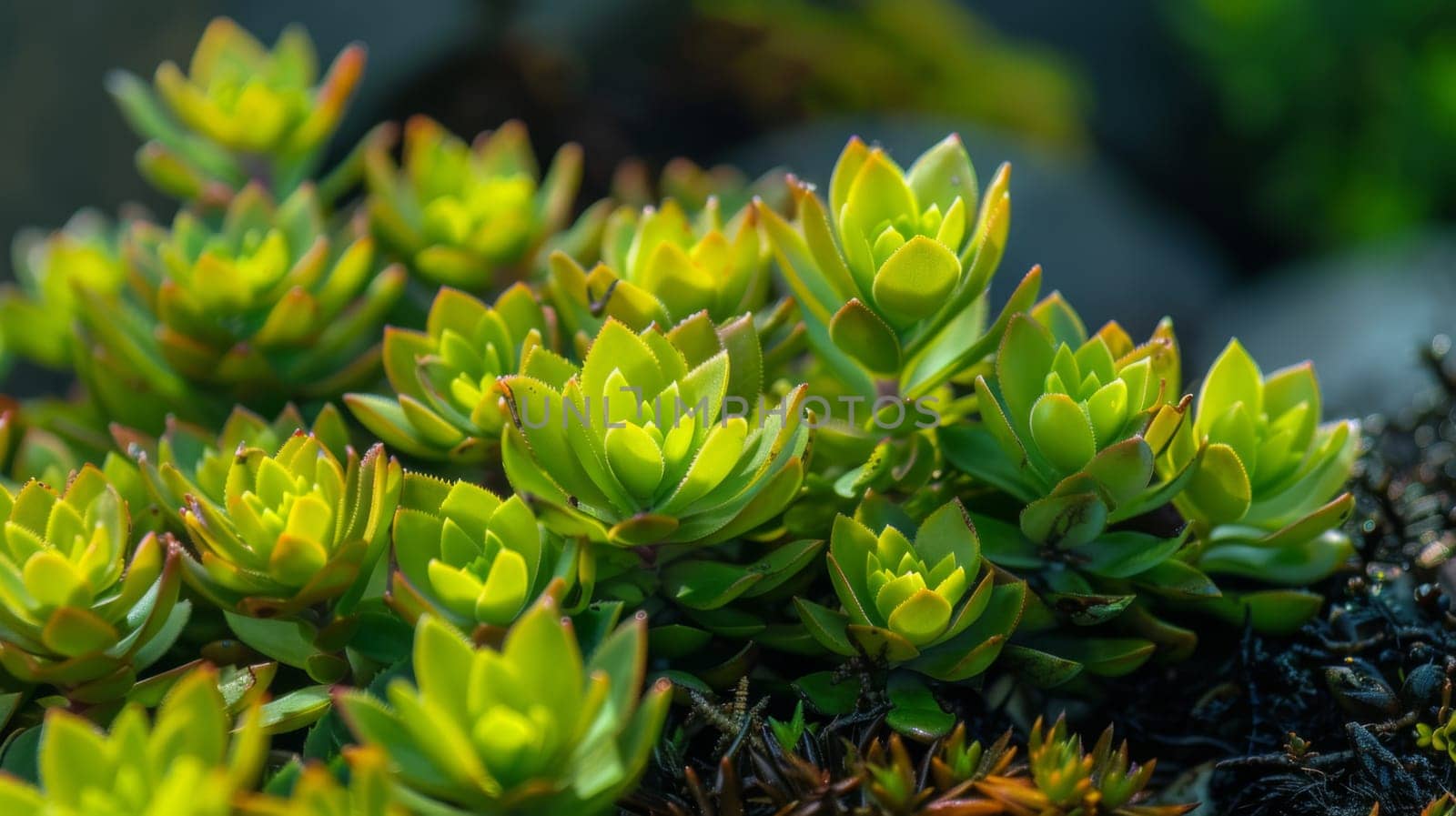 A detailed view of a cluster of vibrant green plants, showcasing their leaves, stems, and intricate patterns. The plants are densely packed together, creating a lush and verdant display of nature.