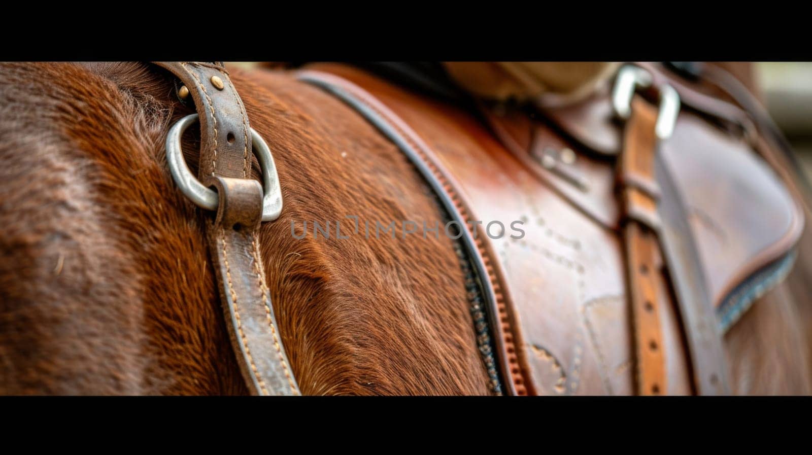 A detailed view of a horses bridle and reins, showcasing the intricate leather craftsmanship and metal buckles. The reins are neatly looped around the bit, ready for the rider to guide the horse.