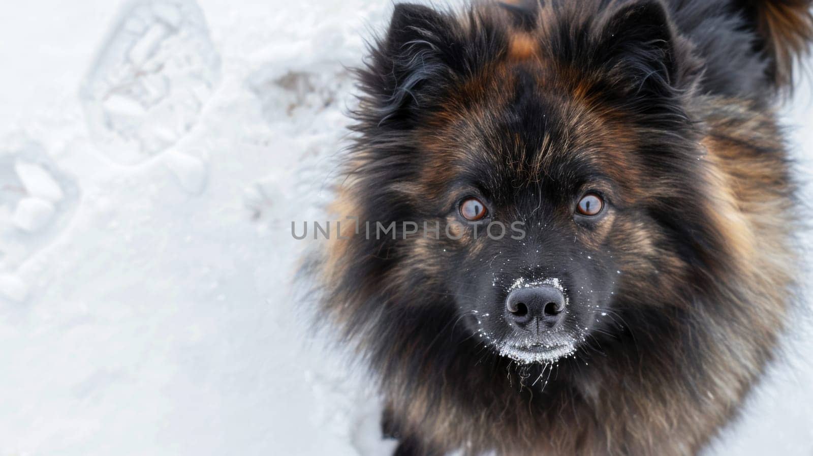 A brown and black dog is standing in the snow, covered in white flakes. The dogs fur contrasts against the snow, creating a striking image of winter.
