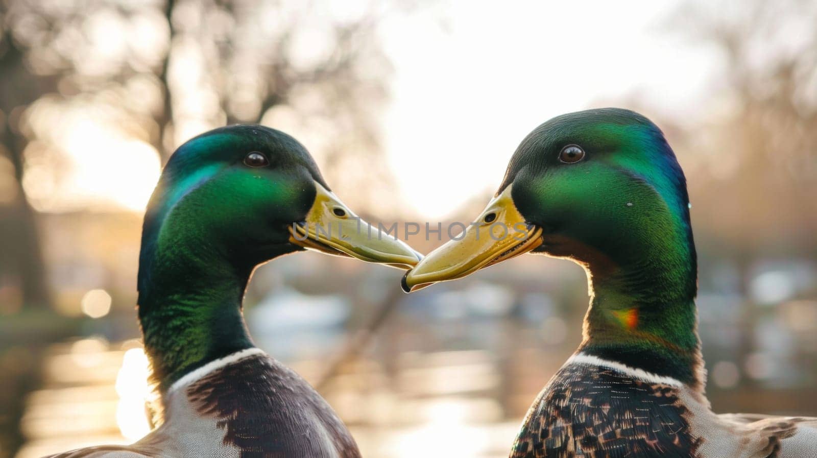 A pair of ducks are standing side by side in the image. They are both facing the same direction, with their feathers glistening in the sunlight. The ducks appear to be content as they stand next to each other.