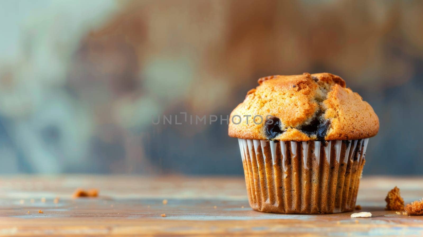 A close-up view of a freshly baked muffin resting on a wooden table. The muffin is golden brown with visible crumbs and a tempting texture.
